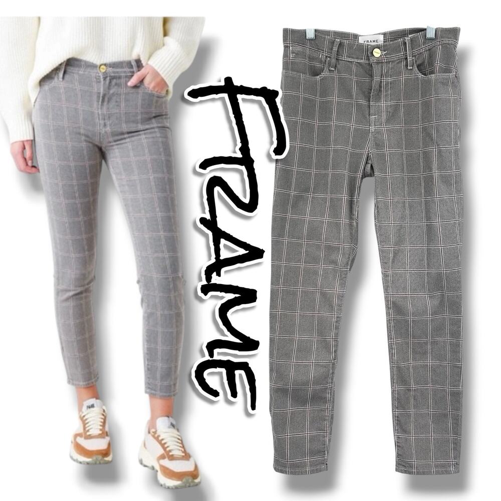 FRAME Le High Skinny Crop Window Pane Plaid Jeans Gray Size 27 Stretch Academia